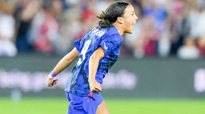 USWNT forward Mallory Swanson celebrates after scoring the first goal during the SheBelieves Cup soccer match between the USA and Canada.
